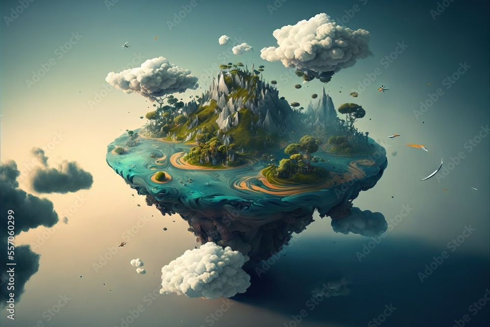 Aufkleber a floating island with a lot of clouds floating around it and a mountain in the distance with a few 