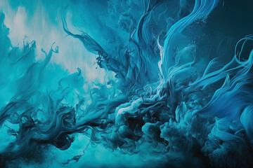 Fototapeta na wymiar Abstract blue acrylic paint background with flowing art undersea ocean of lactic smoke. Generative AI