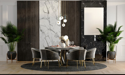 poster frame modern dining room interior minimalist style photo with wood and marble on the wall - 3D rendering