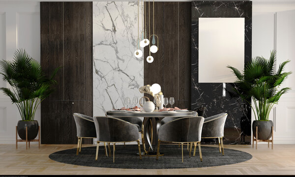 poster frame modern dining room interior minimalist style photo with wood and marble on the wall - 3D rendering