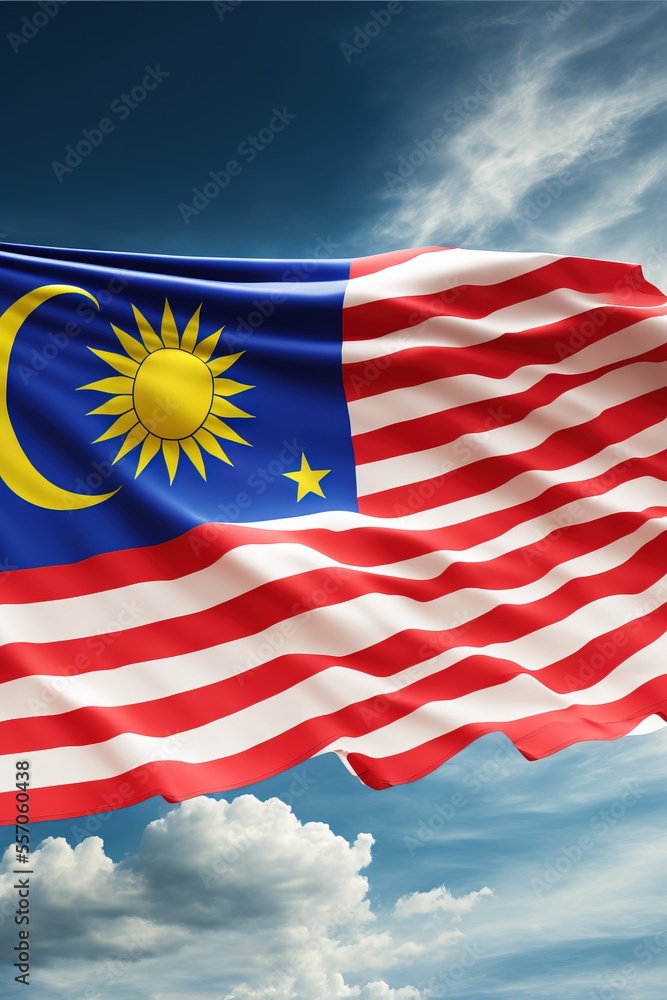 Poster a flag flying in the wind with a blue sky in the background with clouds in the foreground and a sun 