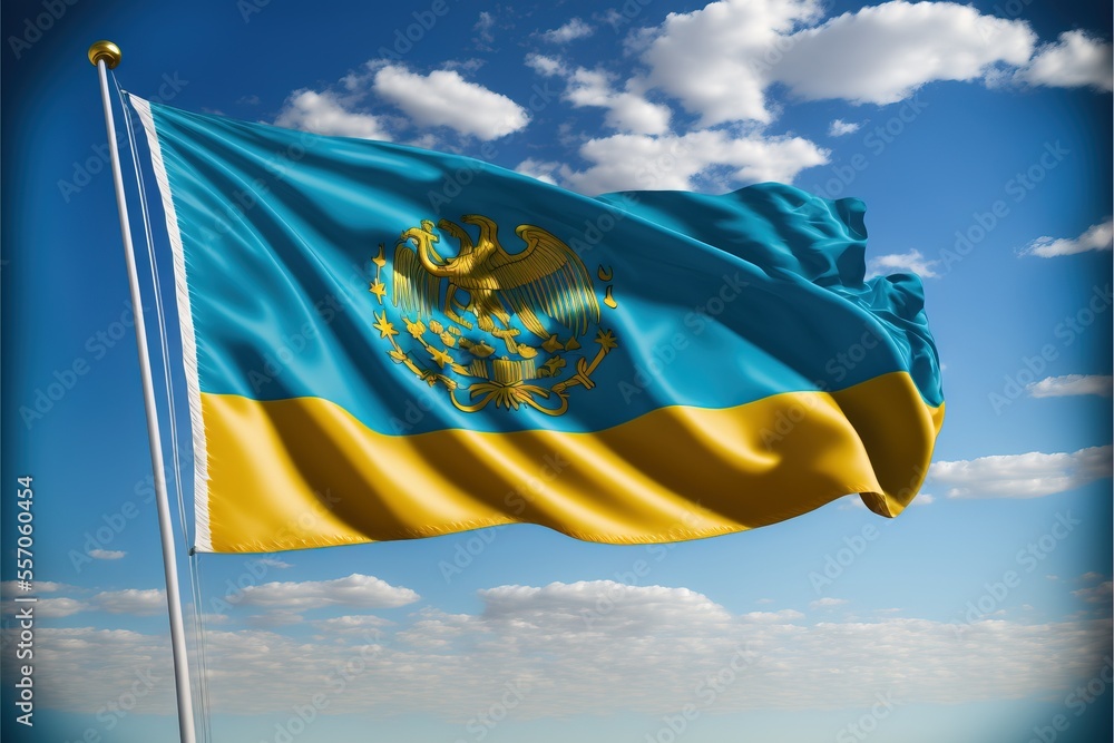 Poster a flag flying in the wind with a blue sky in the background and clouds in the sky above it. generati
