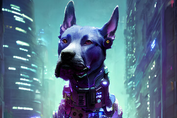 cyberpunk robot dog in a futuristic city