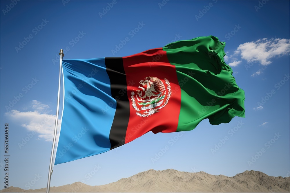 Poster a flag flying in the wind with mountains in the background and a blue sky in the background with clo