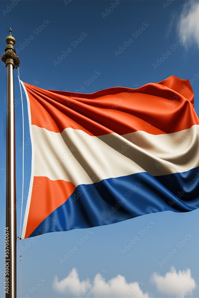 Poster a flag flying in the wind on a pole with a sky background and clouds in the background. generative a
