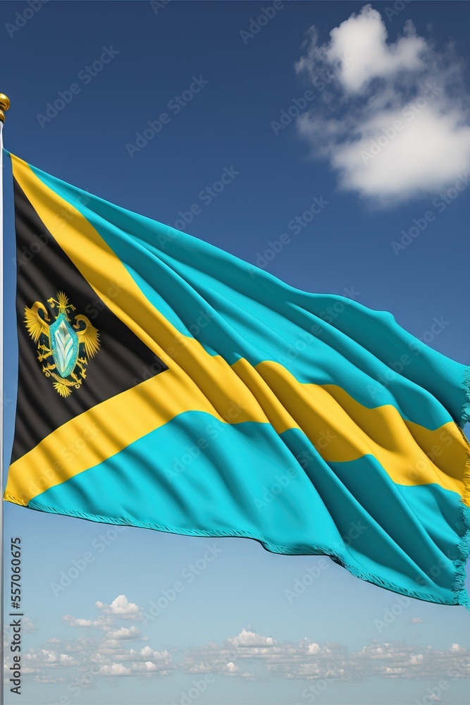 Poster a flag flying in the wind on a beach with a blue sky in the background and clouds in the sky. genera