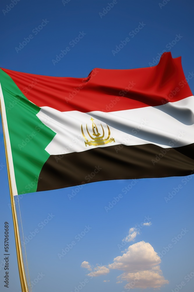 Poster a flag flying in the wind with a blue sky in the background and a cloud in the sky behind it. genera