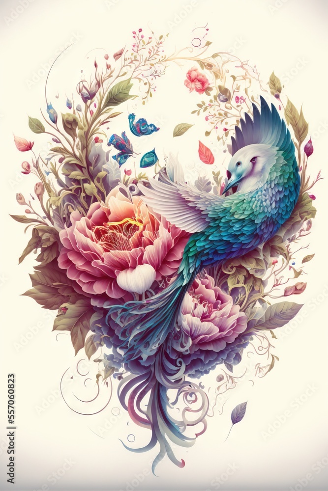 Poster a bird with a flower in its beak and a bird on its back with a flower in its beak. generative ai