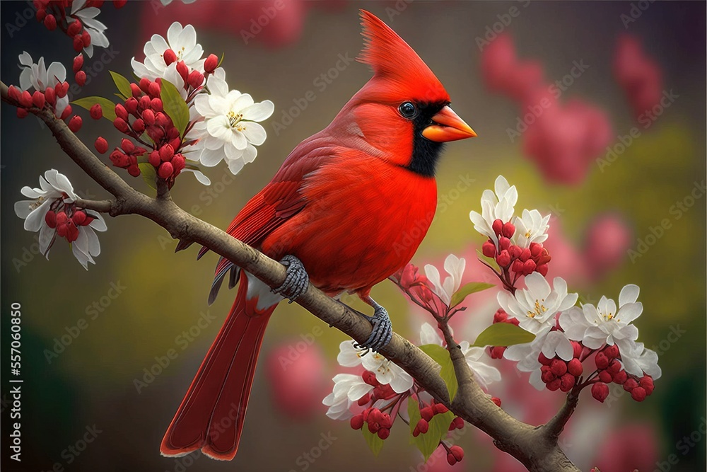 Poster a red bird sitting on a branch of a tree with white flowers and red berries on it's branches. genera