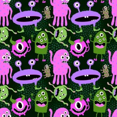 Cartoon doodle monsters seamless aliens and animals pattern for wrapping paper and fabrics and kids clothes