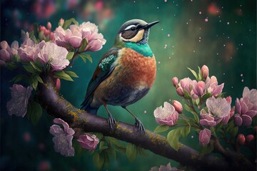  a bird sitting on a branch with flowers in the background and a green sky in the background with stars. generative ai - obrazy, fototapety, plakaty