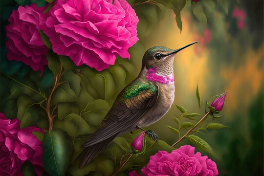  a hummingbird sitting on a branch with pink flowers in the background and a green background with pink flowers. generative ai