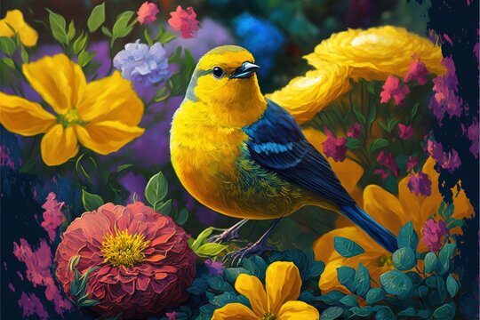  a painting of a yellow bird sitting on a flowery branch with yellow flowers in the background and a blue sky. Generative AI