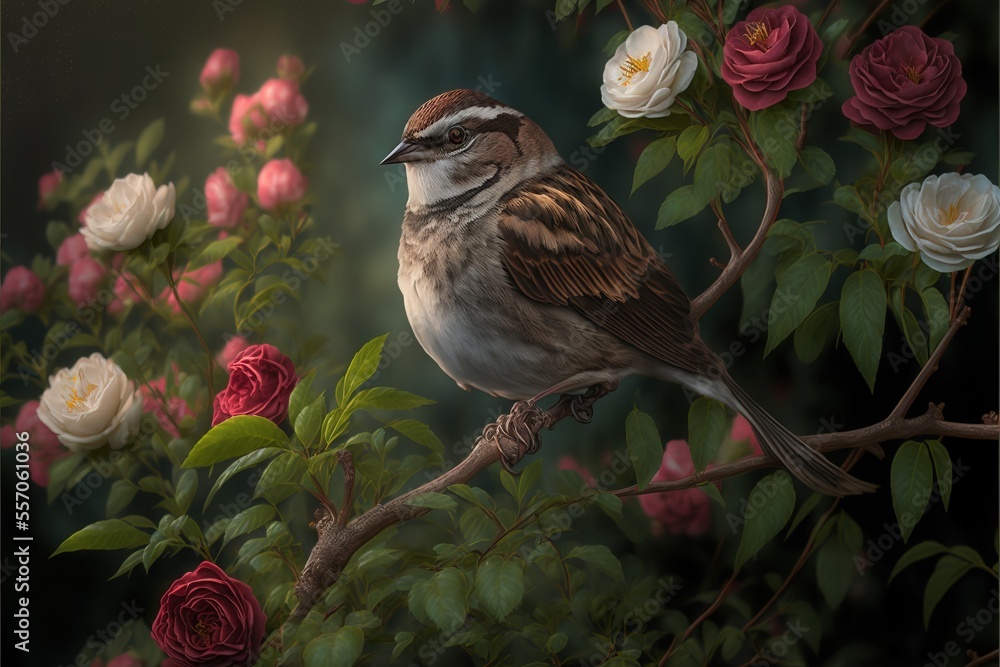 Poster a bird sitting on a branch with roses in the background and a dark background with a light colored s