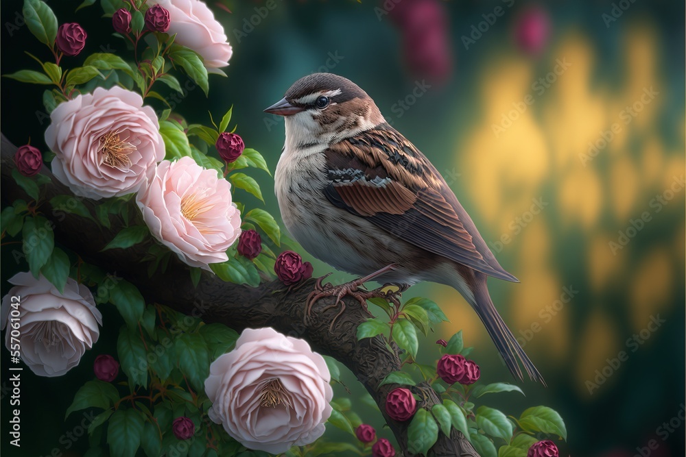Poster a bird sitting on a branch with pink flowers in the background and a green background with a gold fo