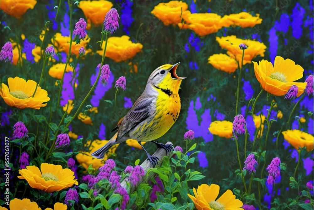 Poster a bird is sitting on a flowery branch with its mouth open and mouth wide open in a field of flowers.