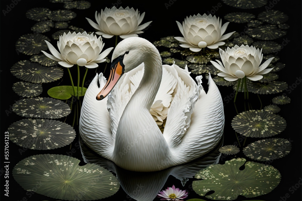 Poster a white swan is floating in a pond of water lilies and lily pads with lily pads around it. generativ