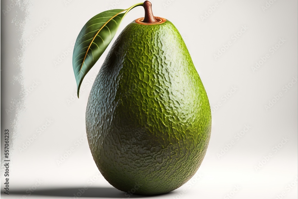 Poster a green pear with a leaf on it's stem and a white background with a shadow of a tree. generative ai
