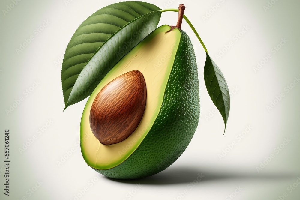 Aufkleber an avocado with a leaf and a nut on it's side. generative ai