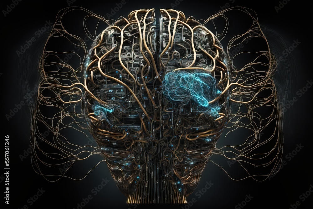 Poster a computer generated image of a human brain with a lot of wires and wires in it's center. generative