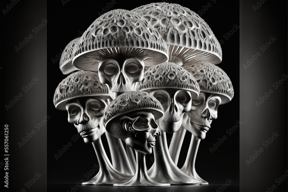 Poster a group of skulls with heads in the middle of them. generative ai
