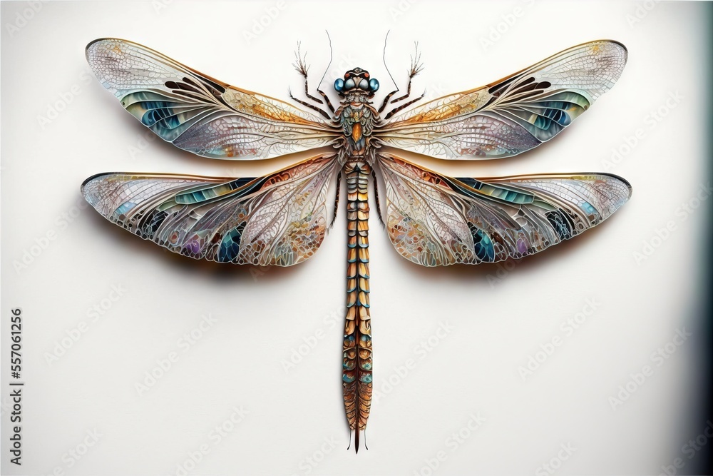 Poster a dragonfly is sitting on a white surface with a blue background and a black frame around it's wings