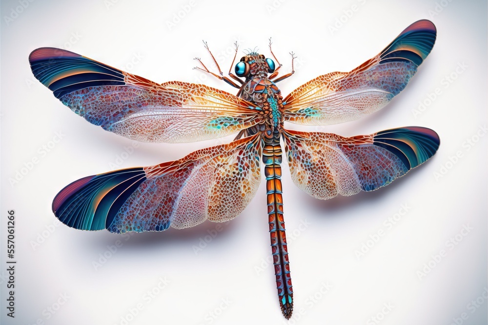 Poster a colorful dragonfly sitting on top of a white surface with a blue background and a red tail and hea