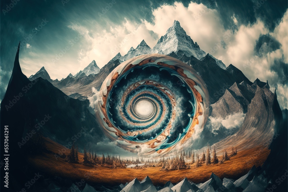 Poster a surreal painting of a mountain with a spiral design in the middle of it. generative ai
