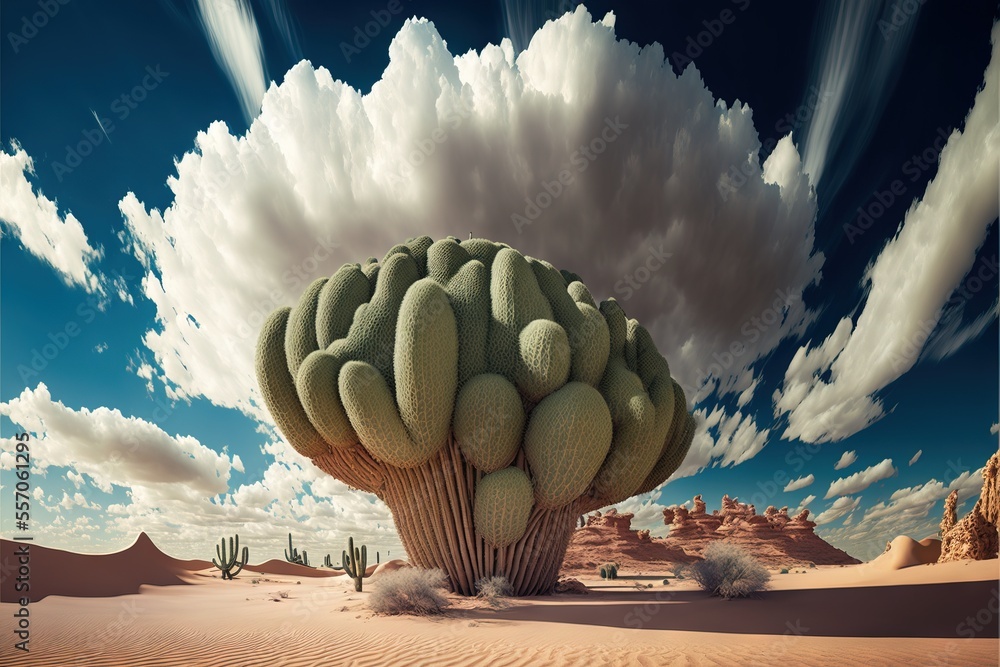 Aufkleber a large cactus in the middle of a desert with clouds in the sky above it and a desert landscape. gen