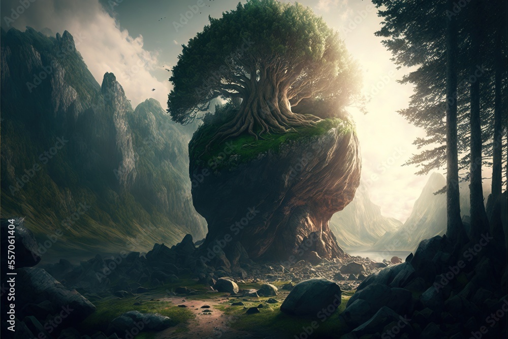 Poster a painting of a tree on a rock in a forest with a river running through it and a mountain in the bac