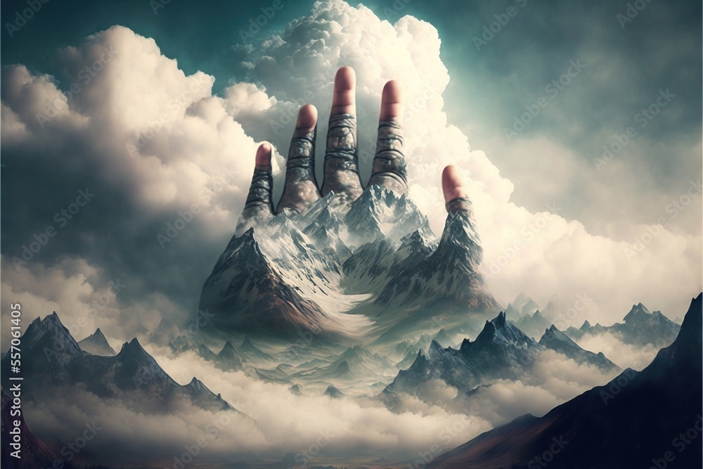Poster  a hand reaching up into the sky with mountains in the background and clouds in the sky above it. Generative AI