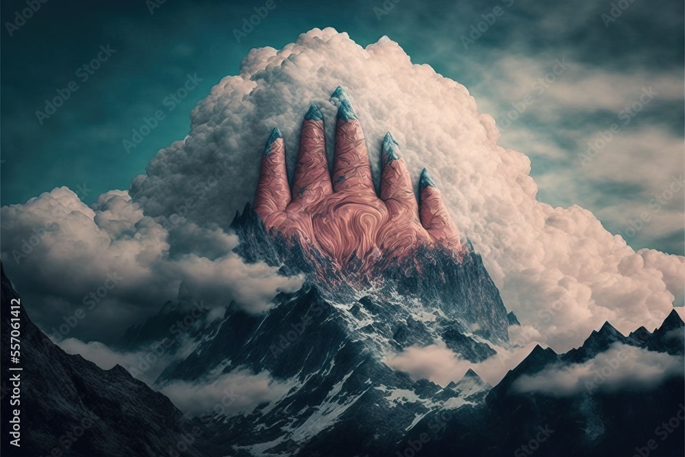 Aufkleber a surreal painting of a hand reaching out of a mountain with clouds in the background and a sky fill