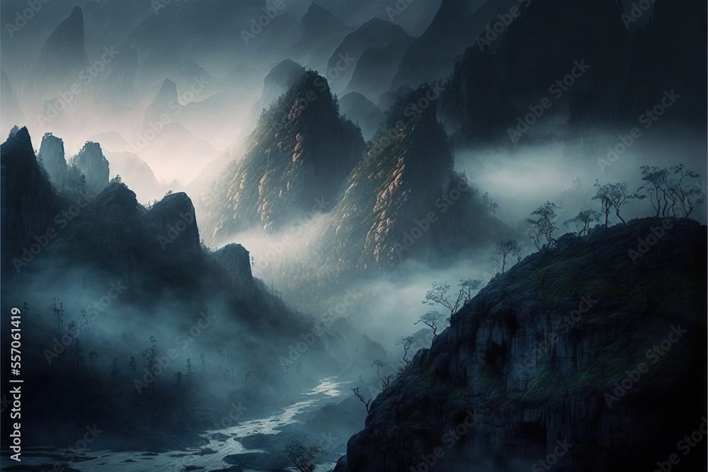 Poster a mountain landscape with fog and mist in the air and a river running through it. generative ai