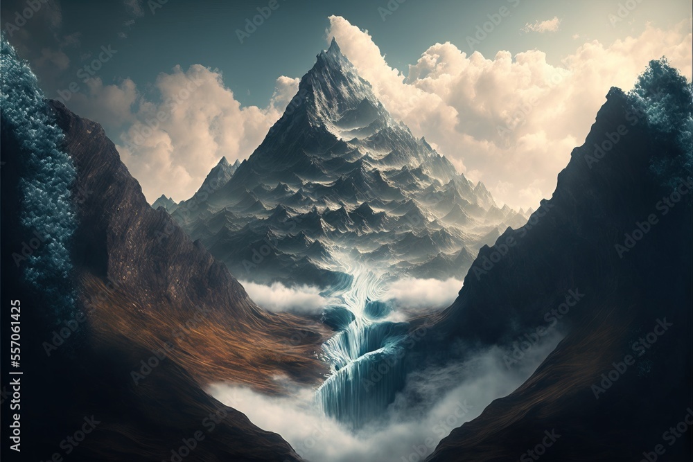 Poster a mountain with a waterfall in the middle of it and clouds around it. generative ai