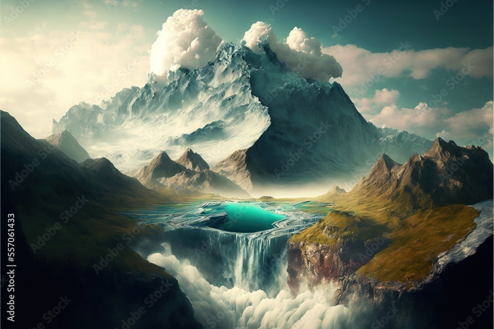 Poster a painting of a mountain with a lake in the middle of it and a waterfall in the middle of the pictur