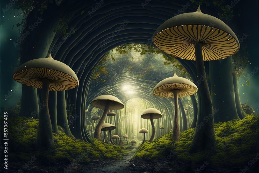 Poster a painting of a forest with mushrooms and a path leading to them with a light at the end of the tunn