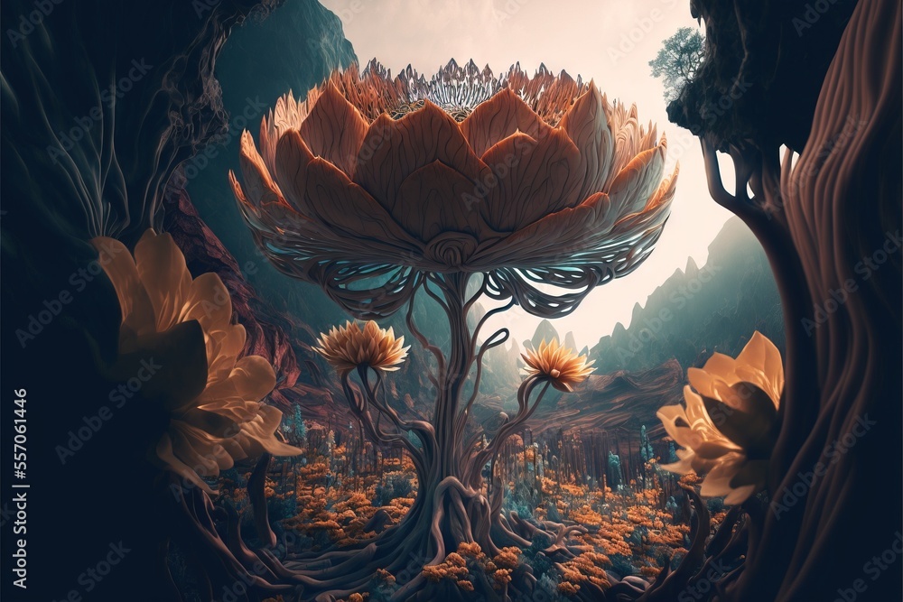 Poster a painting of a flower in a forest with a sky background and trees and flowers in the foreground. ge