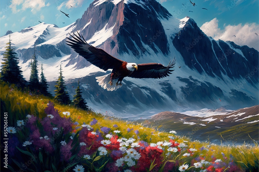 Poster a painting of a bird flying over a mountain range with flowers and trees in the foreground and a bir