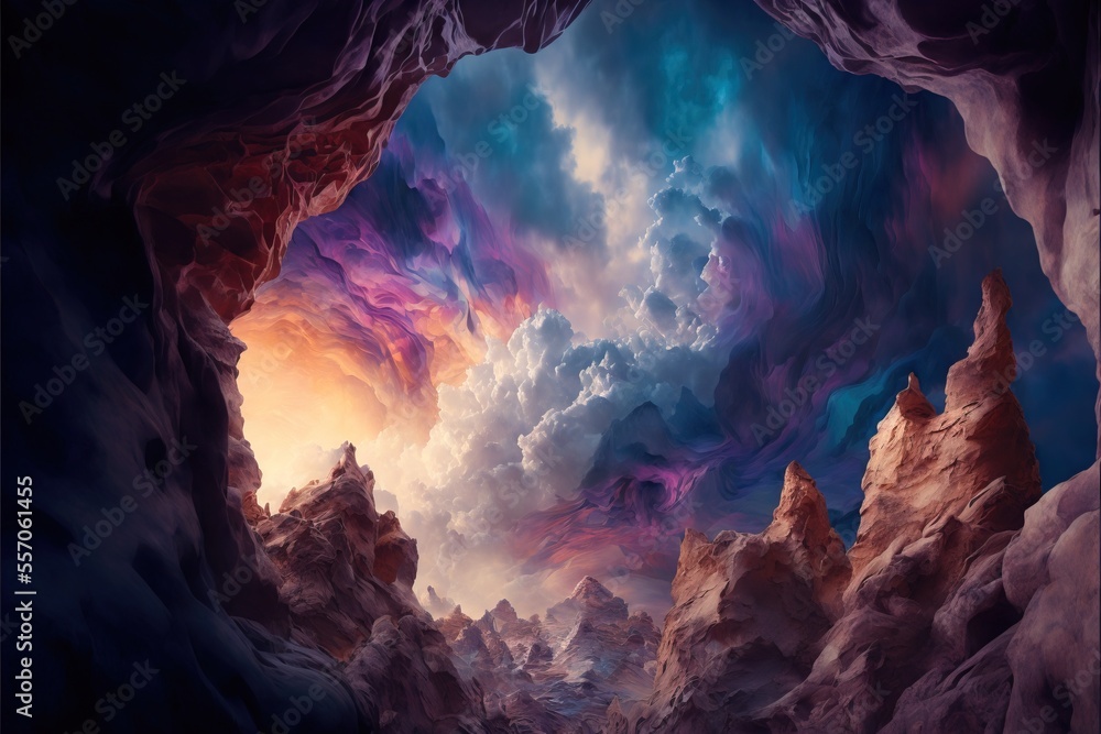 Poster a painting of a cave with a sky filled with clouds and a sun setting in the distance with a blue sky