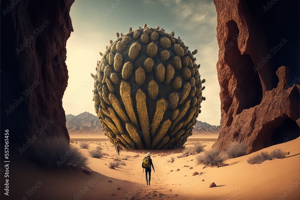 Poster a man walking through a desert with a giant cactus in the background and a man walking away from it.