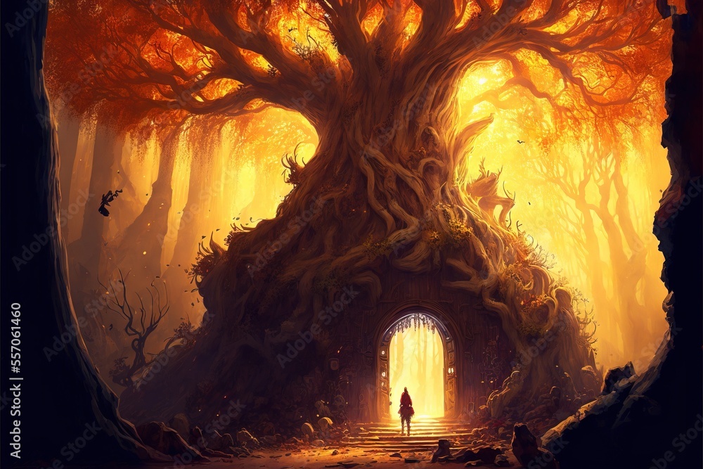 Poster a man standing in front of a giant tree with a doorway in it's trunk and a person standing in the do