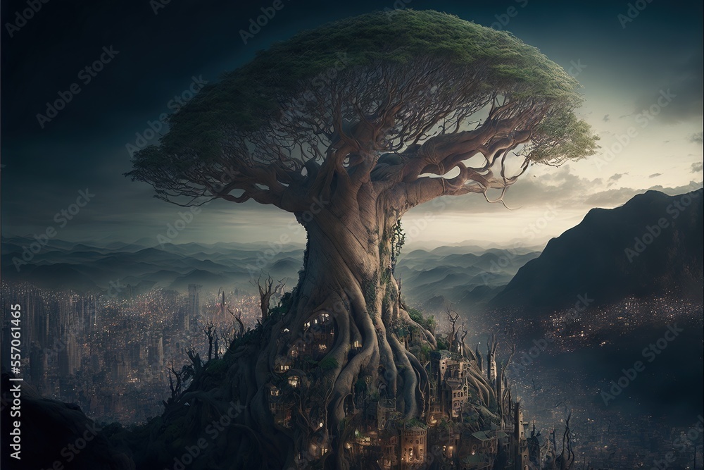 Poster a tree with a city in the background and a sky background with clouds and a city in the foreground. 