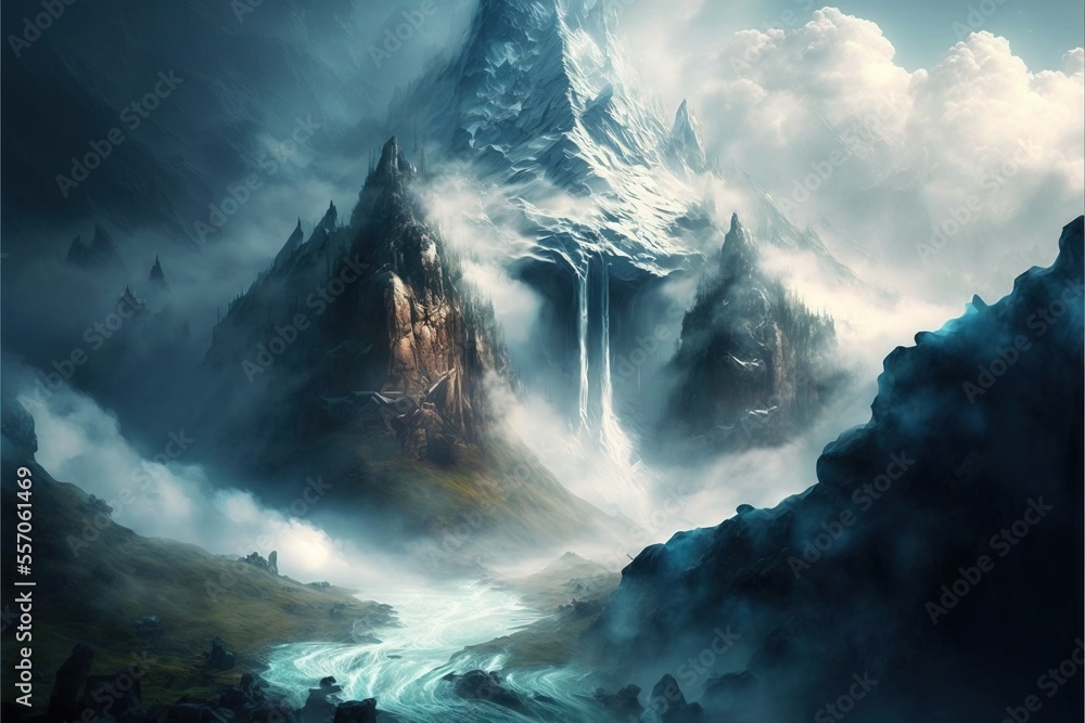 Aufkleber a mountain with a waterfall in the middle of it and a sky background with clouds and a waterfall in 