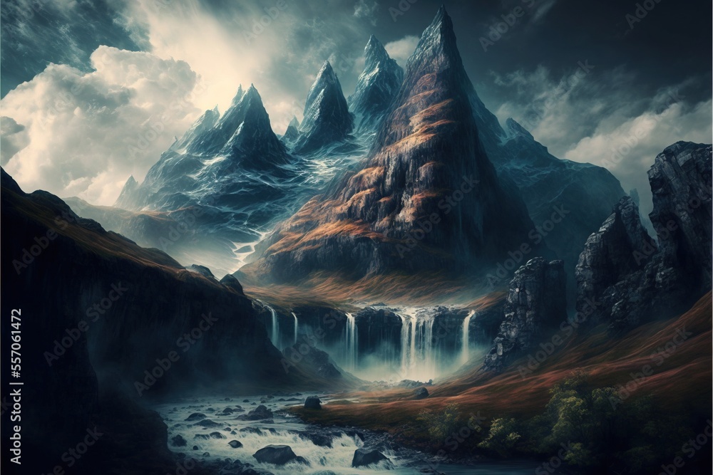 Aufkleber a painting of a mountain with a waterfall in the middle of it and a river running through it. genera