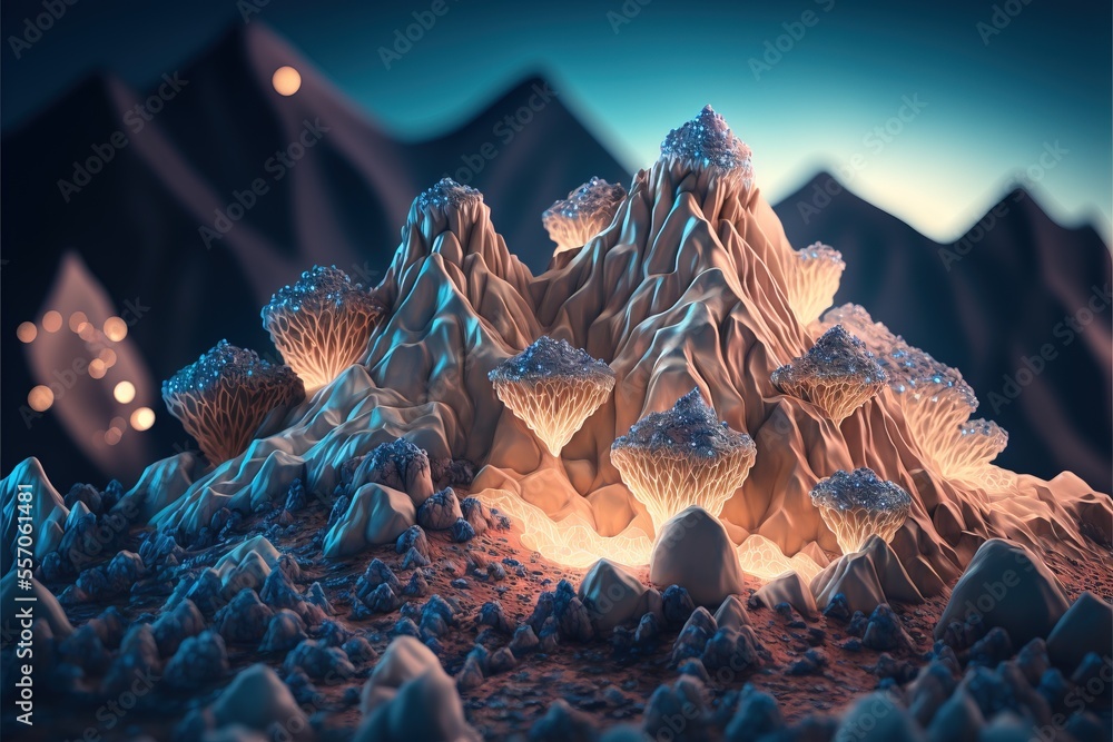 Poster a computer generated image of a mountain range with a glowing light coming from the top of it and a 