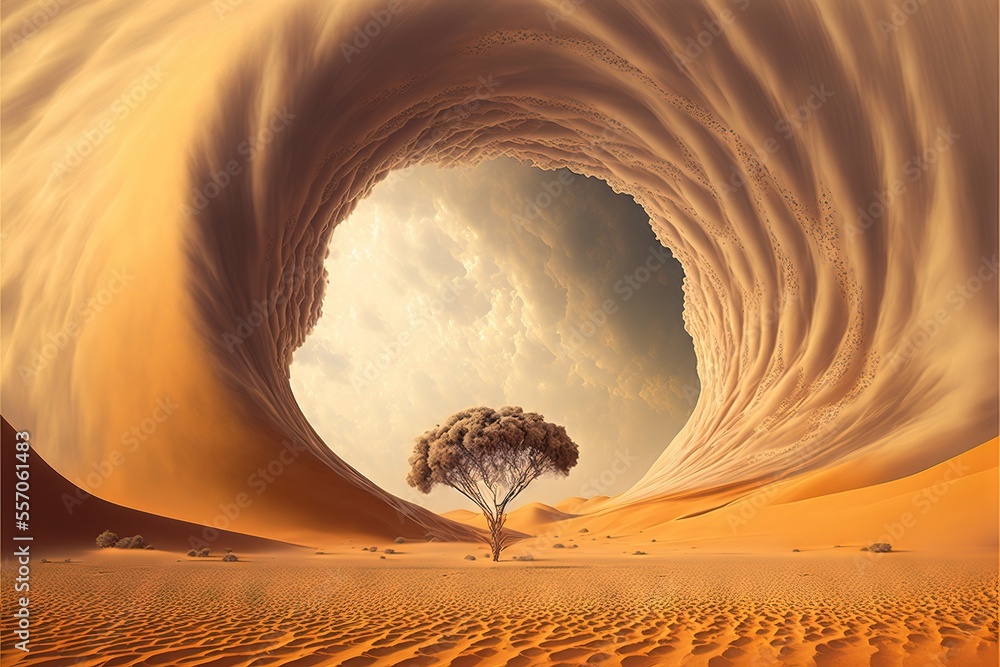 Poster a tree in a desert with a huge wave in the background and a lone tree in the middle of the picture. 