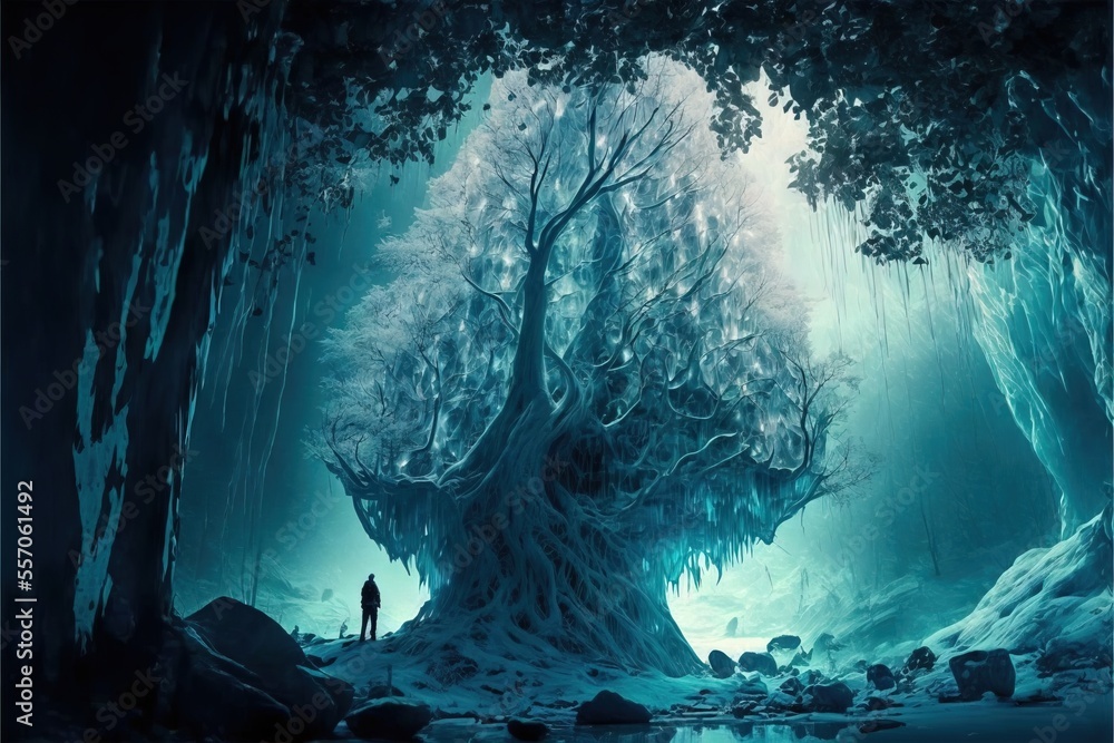 Poster a man standing in a forest next to a giant tree with a giant trunk on it's trunk. generative ai