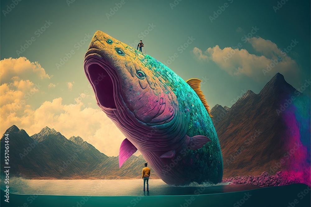 Poster a giant fish floating over a man standing on a cliff next to a lake with mountains in the background