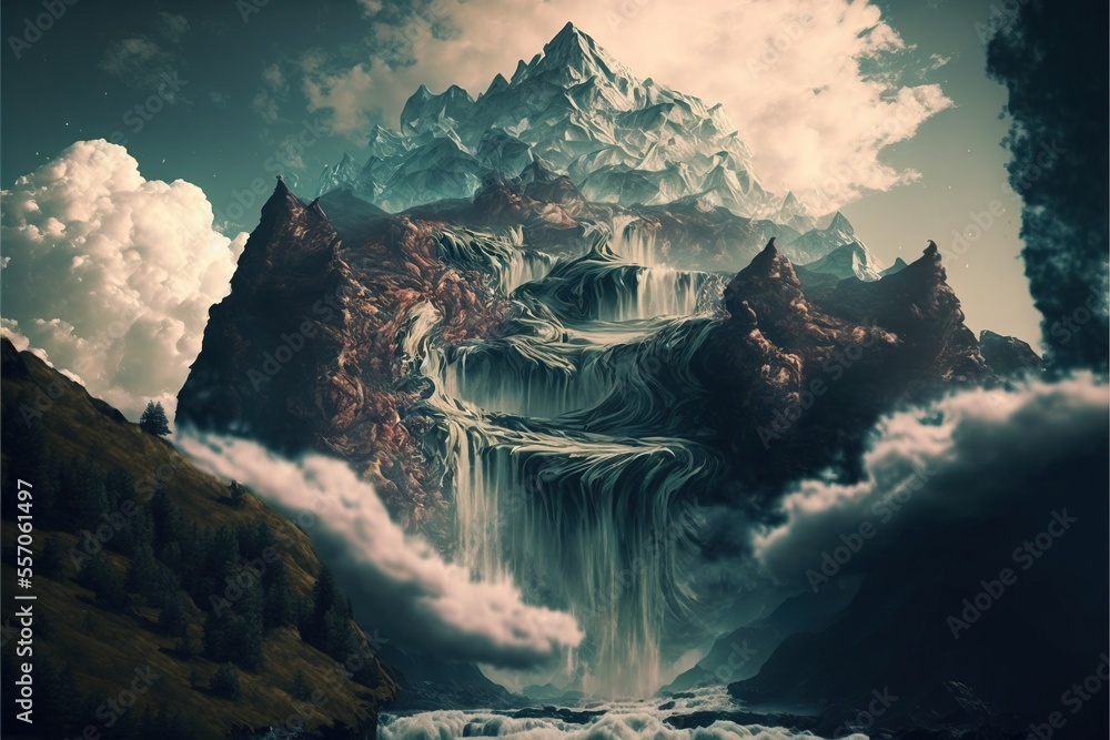 Aufkleber a waterfall in the middle of a mountain surrounded by clouds and mountains in the background with a 