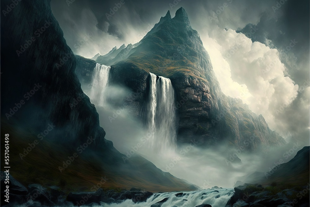 Aufkleber a waterfall in a mountain with a cloudy sky above it and a mountain in the background with a waterfa